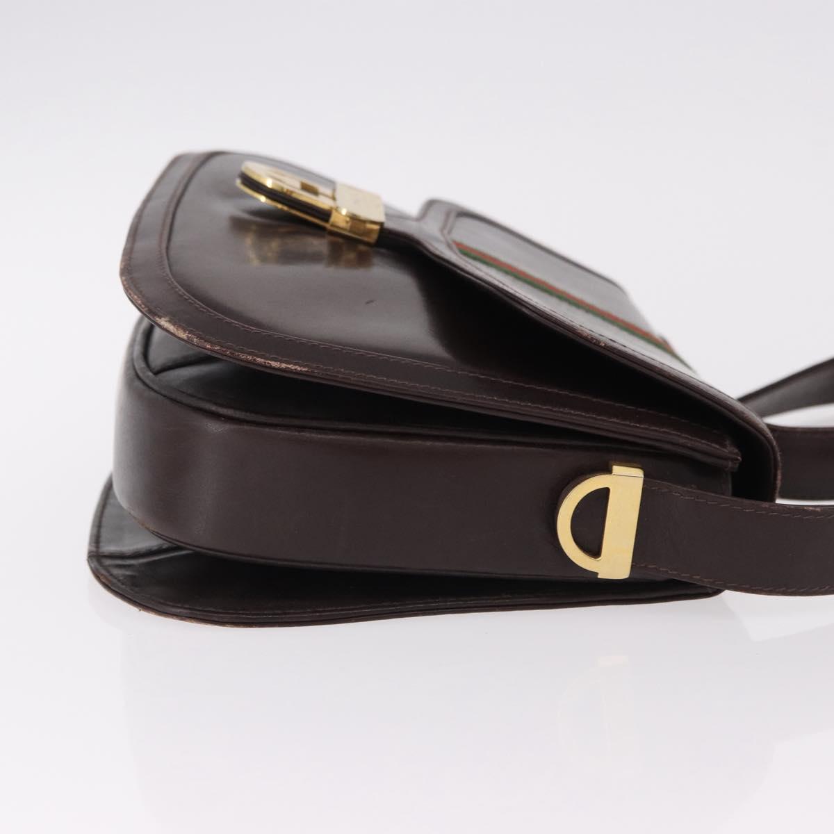 GUCCI Web Sherry Line Shoulder Bag Leather Brown Gold Auth 191902