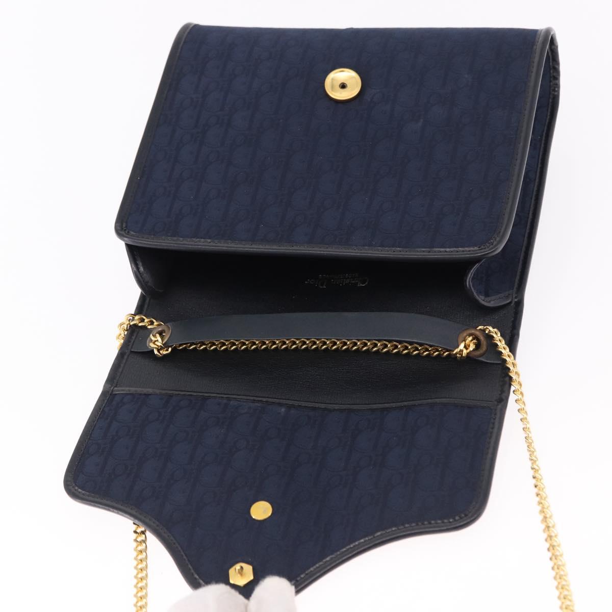 Christian Dior Trotter Canvas Chain Shoulder Bag Navy Gold Auth 191904