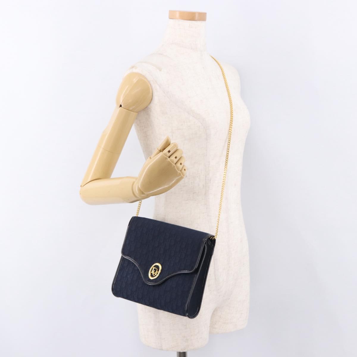 Christian Dior Trotter Canvas Chain Shoulder Bag Navy Gold Auth 191904