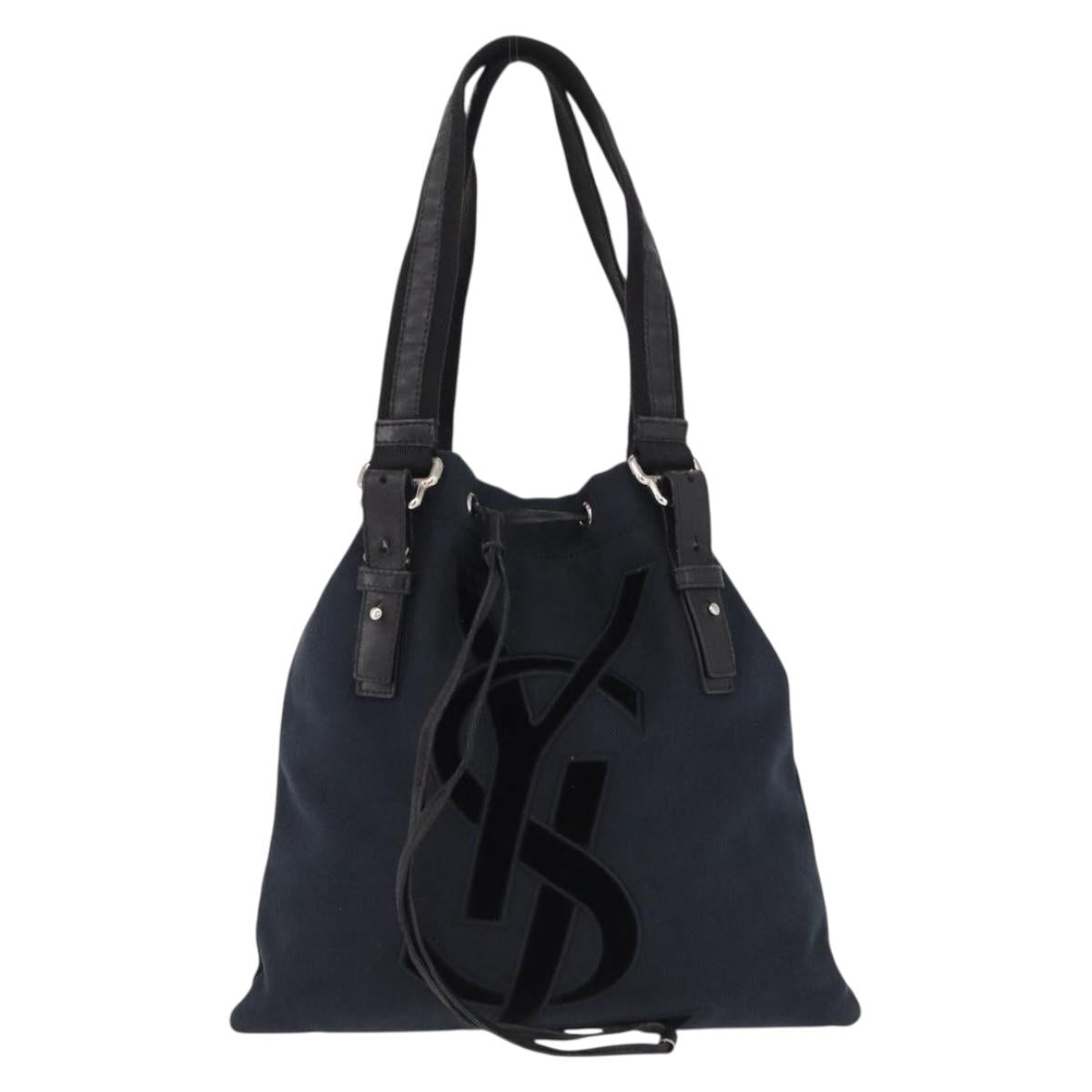 SAINT LAURENT Kahala Tote Bag Canvas Navy Silver Auth 191911