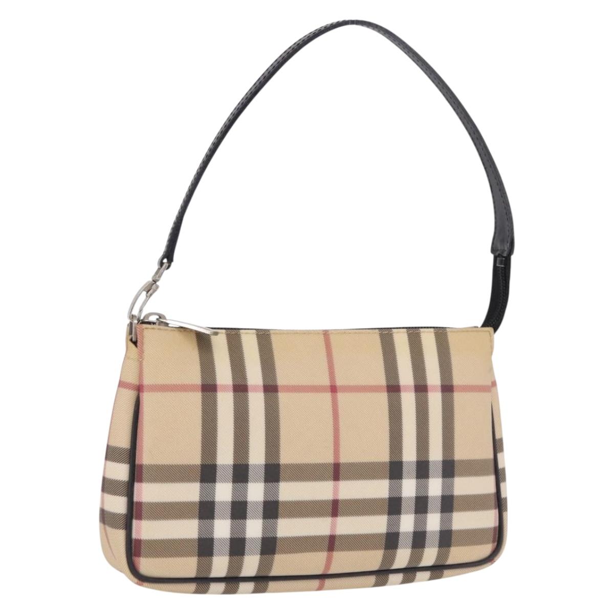 BURBERRY Nova Check Hand Bag PVC Beige Silver Auth 191918