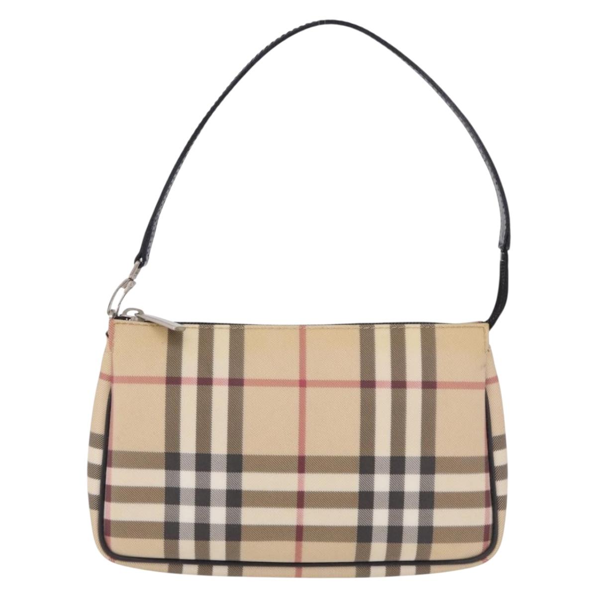 BURBERRY Nova Check Hand Bag PVC Beige Silver Auth 191918