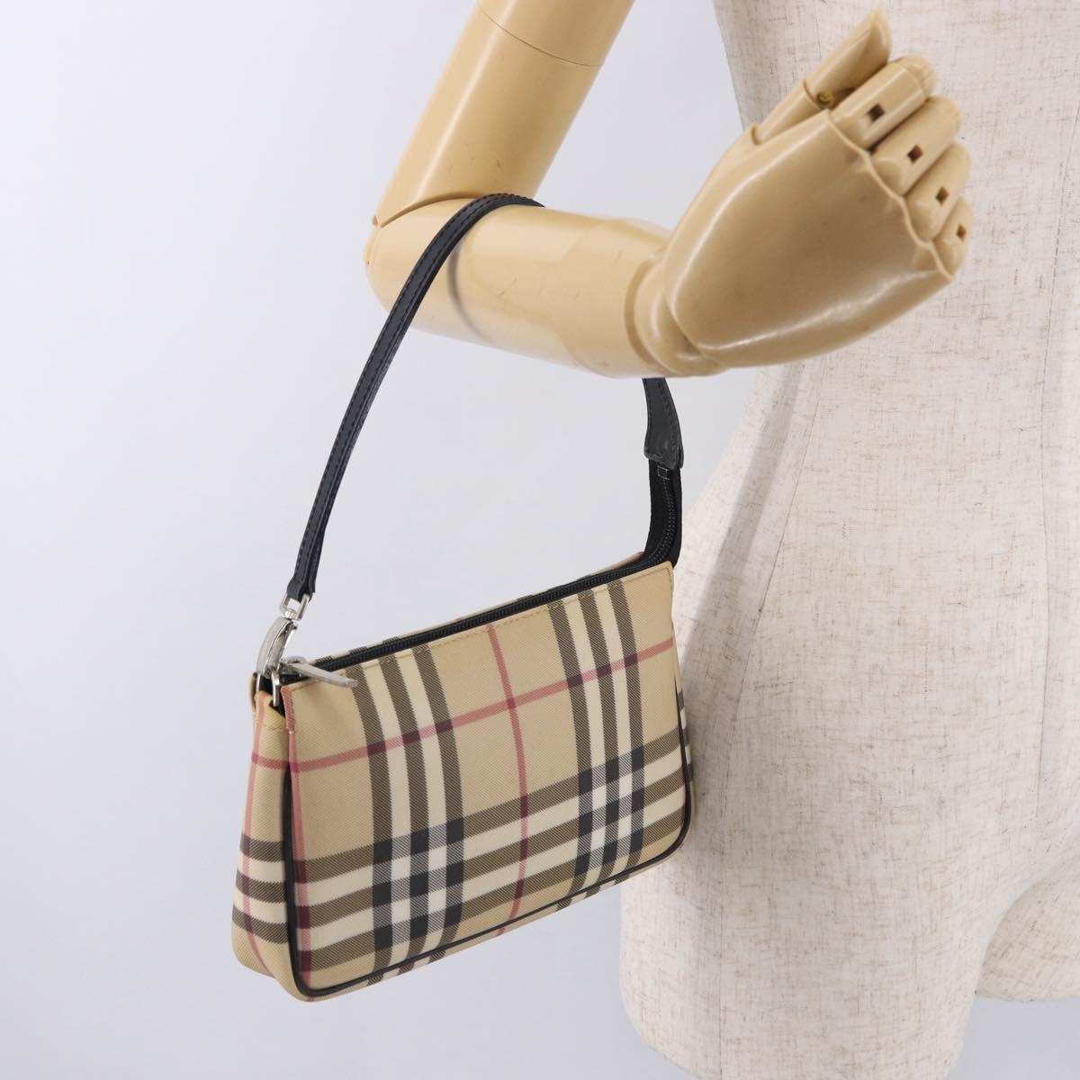 BURBERRY Nova Check Hand Bag PVC Beige Silver Auth 191918