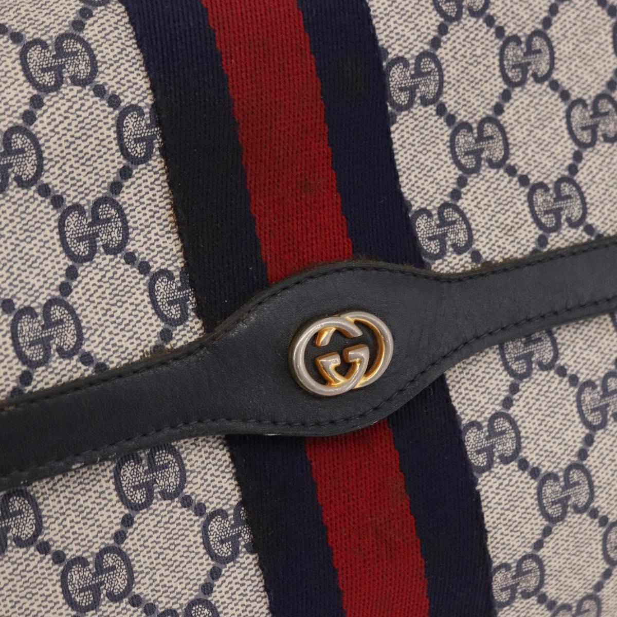 GUCCI GG Supreme Sherry Line Clutch Bag PVC Navy Gold Auth 191926