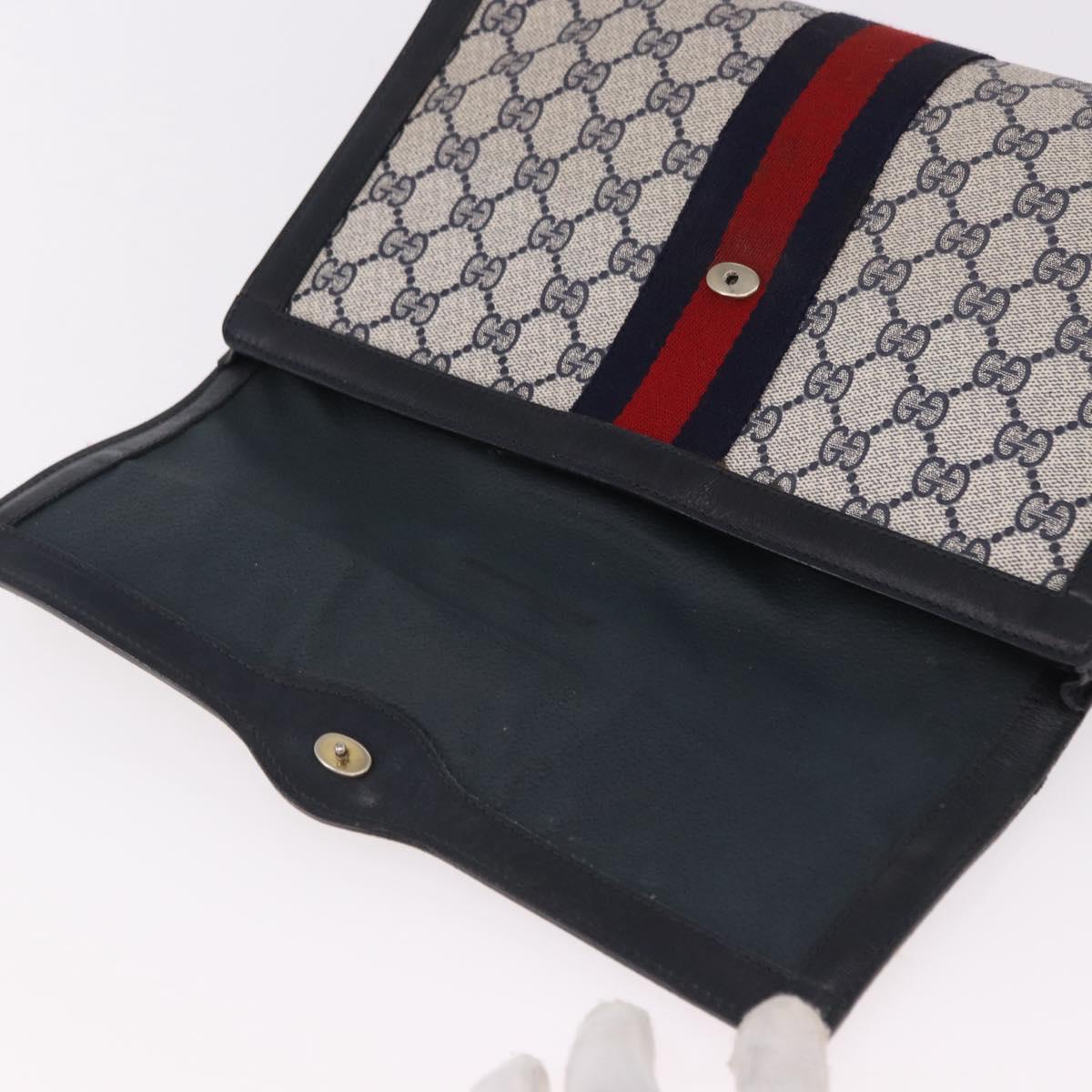 GUCCI GG Supreme Sherry Line Clutch Bag PVC Navy Gold Auth 191926