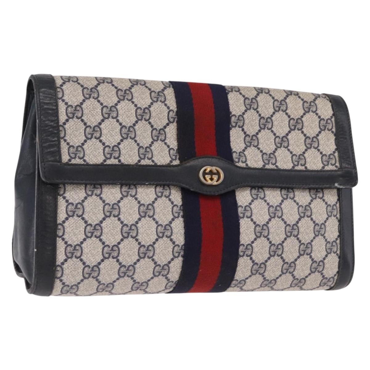 GUCCI GG Supreme Sherry Line Clutch Bag PVC Navy Gold Auth 191926