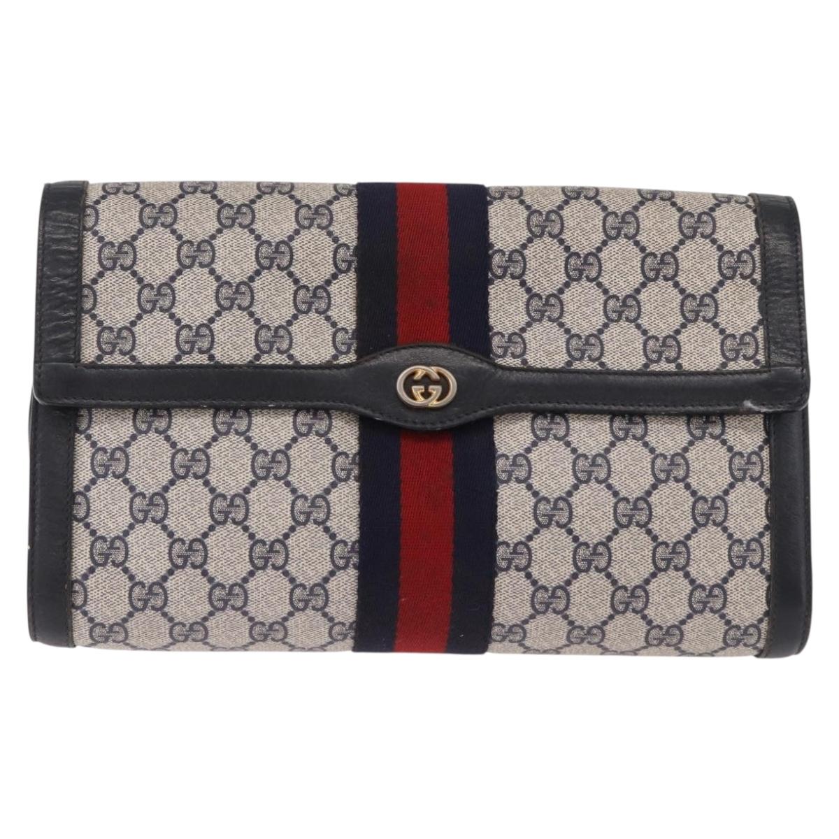 GUCCI GG Supreme Sherry Line Clutch Bag PVC Navy Gold Auth 191926