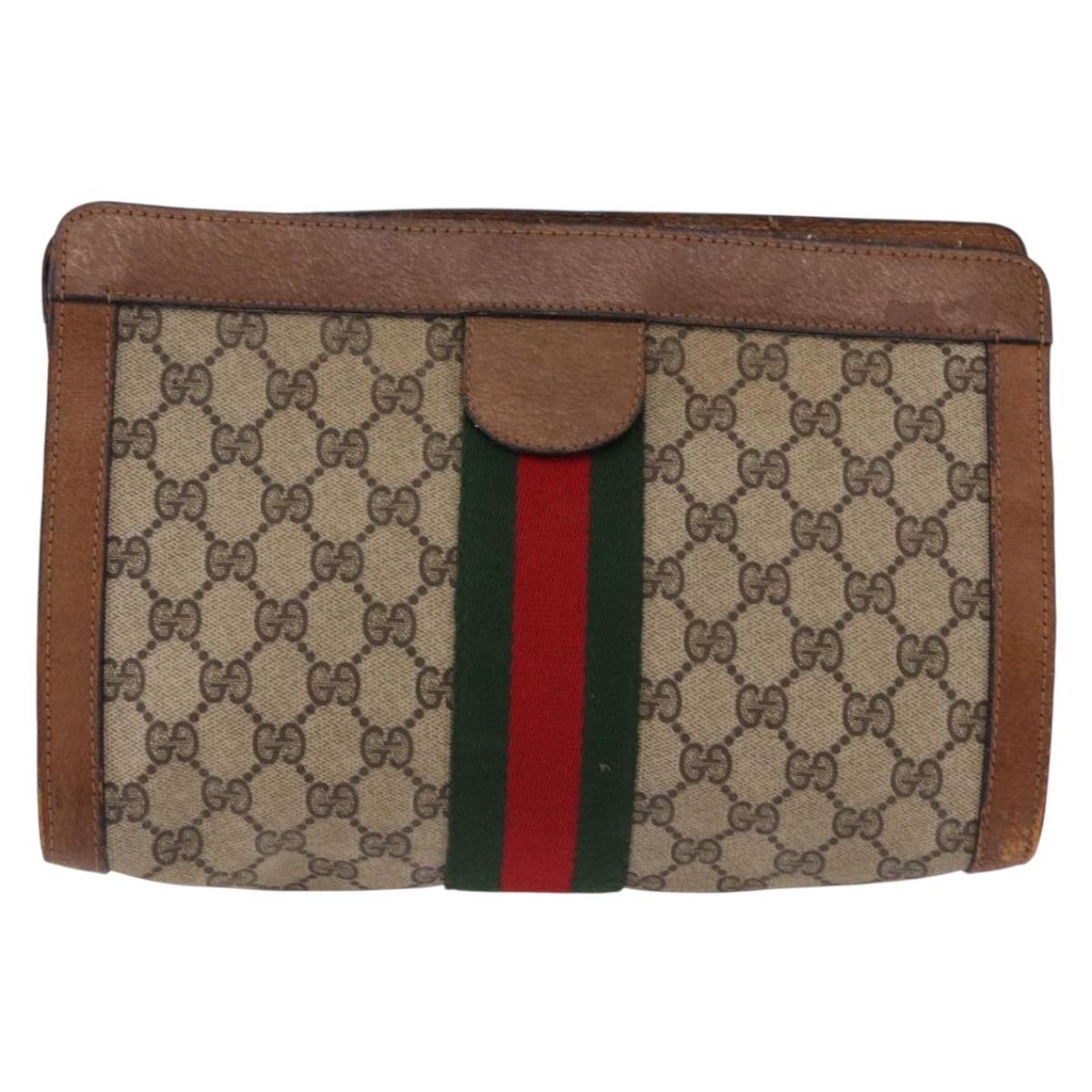 GUCCI GG Supreme Web Sherry Line Clutch Bag PVC Beige Auth 191932