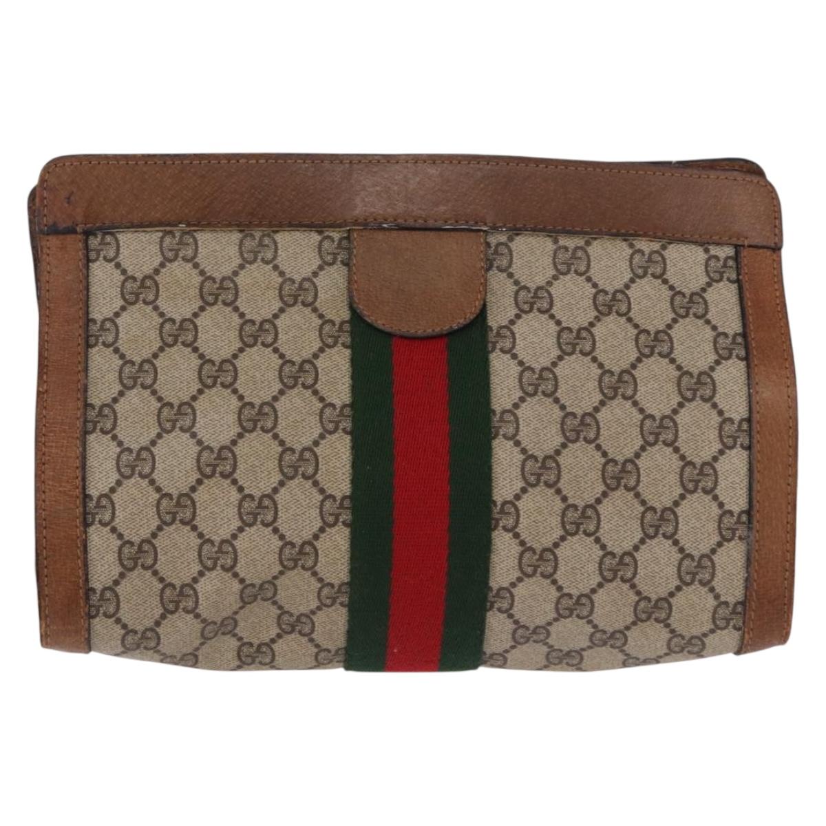 GUCCI GG Supreme Web Sherry Line Clutch Bag PVC Beige Auth 191932