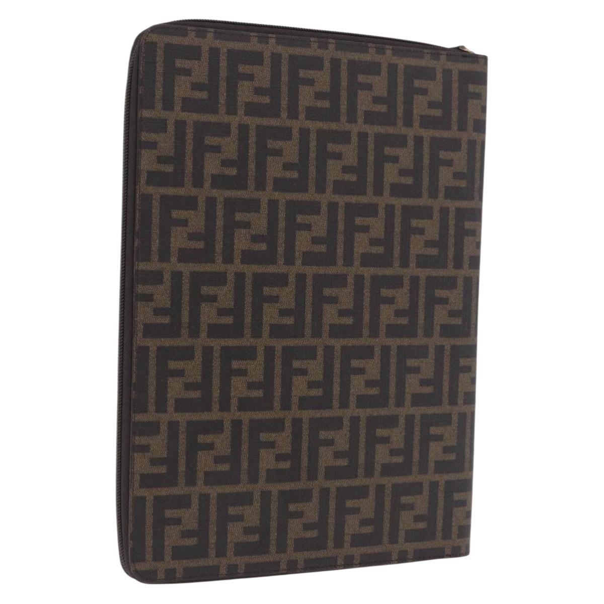 FENDI Zucca Canvas Document Bag PVC Brown Silver Auth 191966V