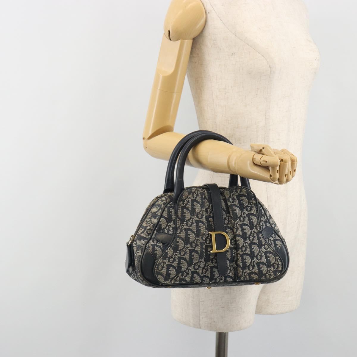 Christian Dior Trotter Canvas Double saddle Hand Bag Navy Gold Auth 191979V