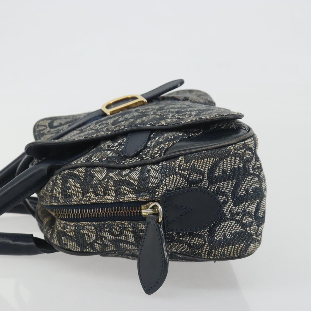 Christian Dior Trotter Canvas Double saddle Hand Bag Navy Gold Auth 191979V