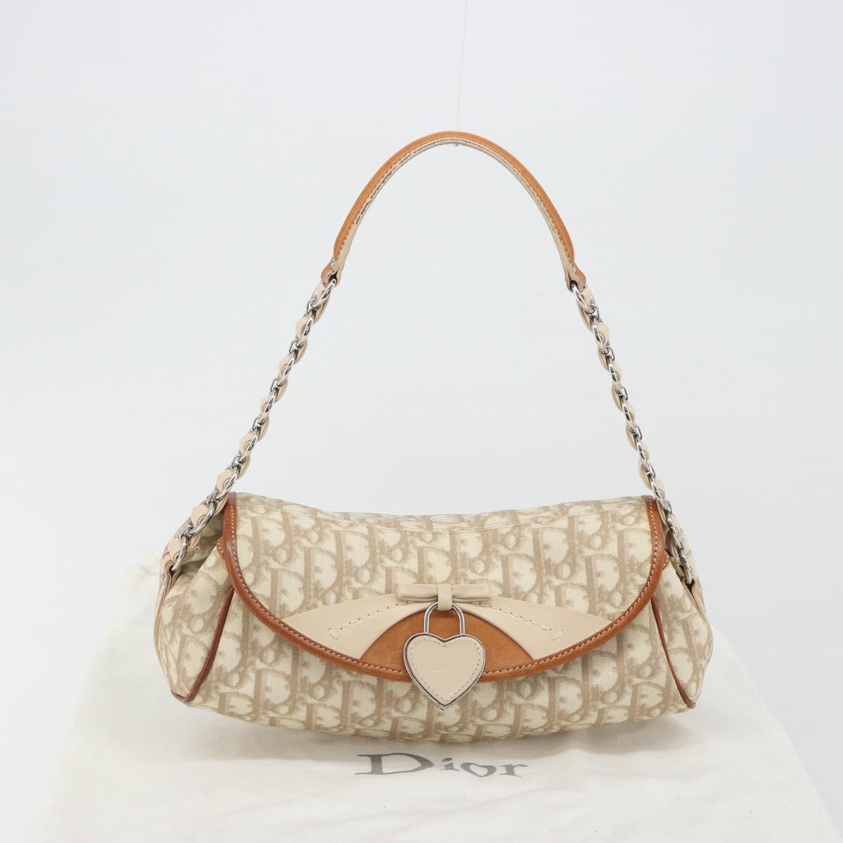 Christian Dior Trotter Canvas Romantic Chain Bag PVC Beige Silver Auth 191980V
