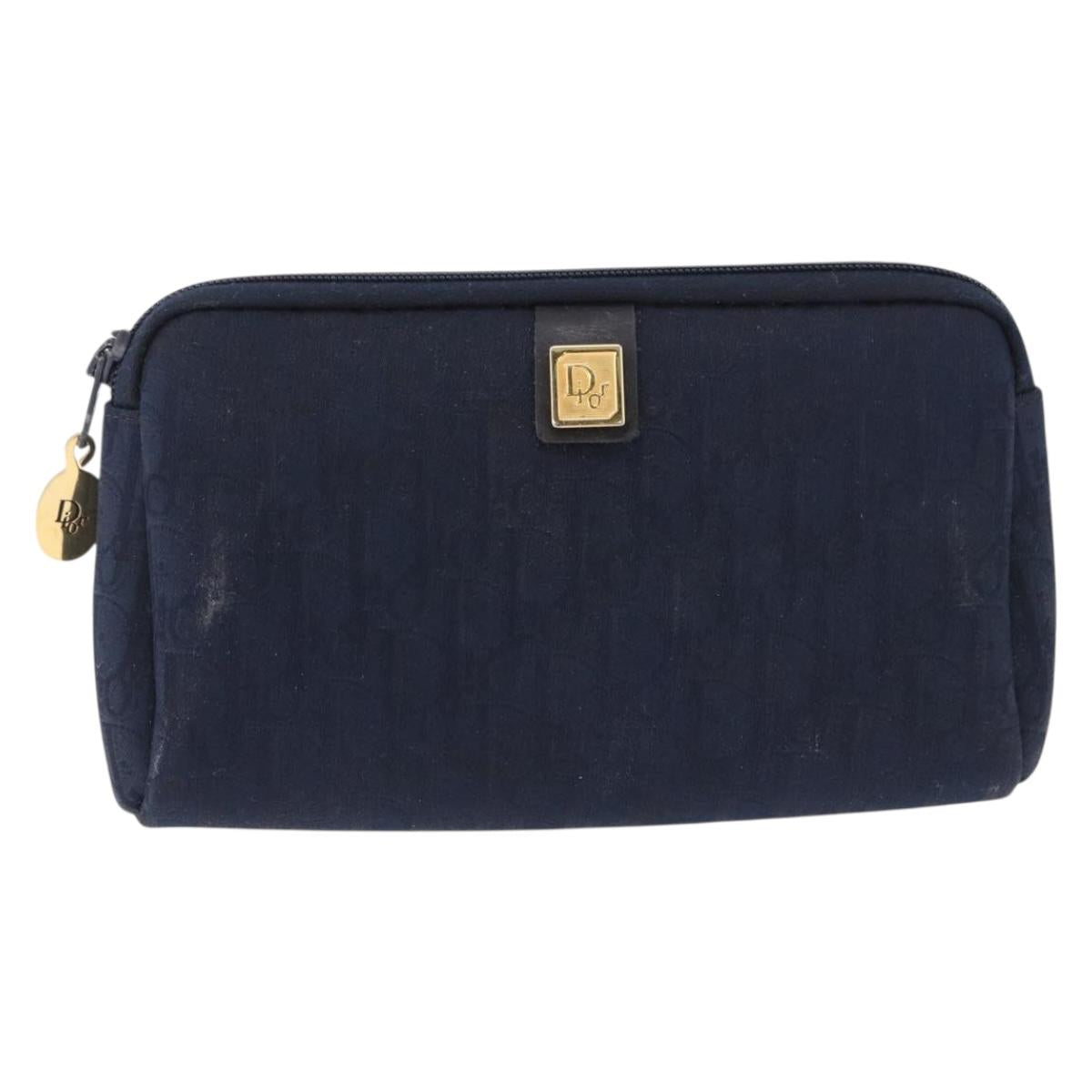 Christian Dior Trotter Canvas Pouch Navy Gold Auth 191983A
