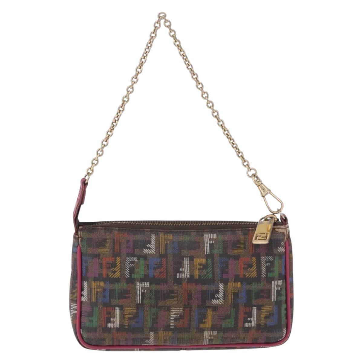 FENDI Chain Zucchino Canvas Shoulder Bag PVC Multicolor Gold Auth 192014