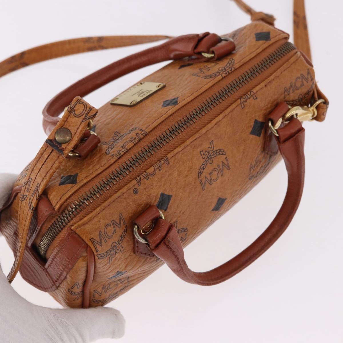 MCM Logogram Vicetos Mini Boston Bag PVC Leather 2way Brown Gold Auth 192029A
