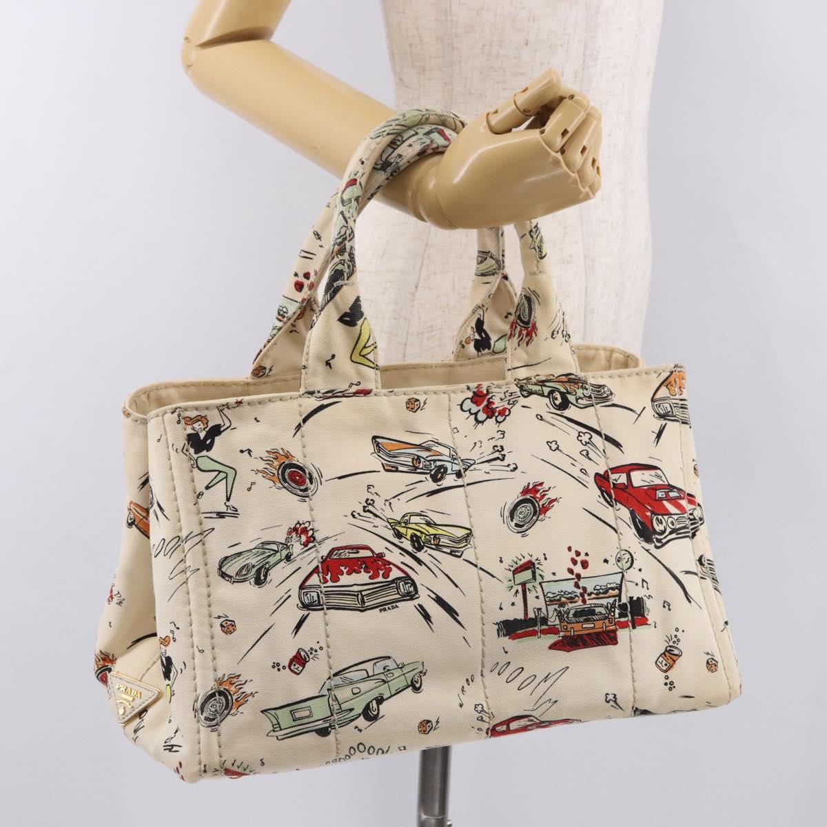 PRADA Canapa M Hand Bag Canvas Ivory Gold Auth 192036A