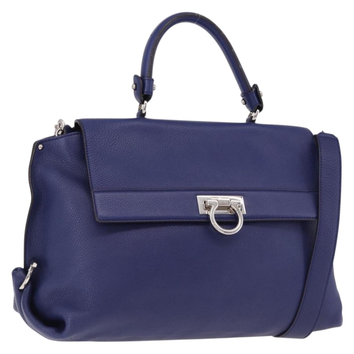 Salvatore Ferragamo Gancini Hand Bag Leather 2way Blue Silver Auth 192042A