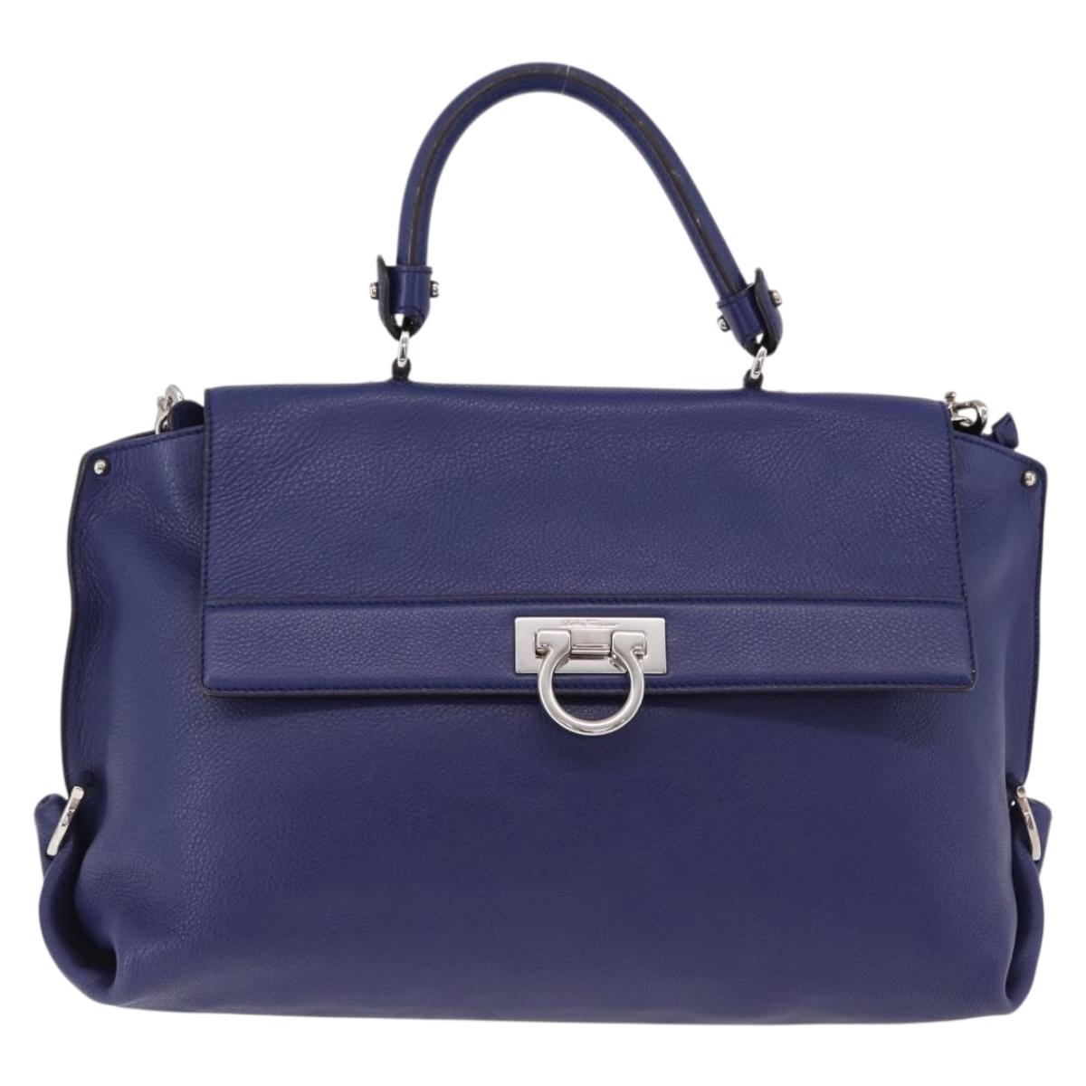 Salvatore Ferragamo Gancini Hand Bag Leather 2way Blue Silver Auth 192042A
