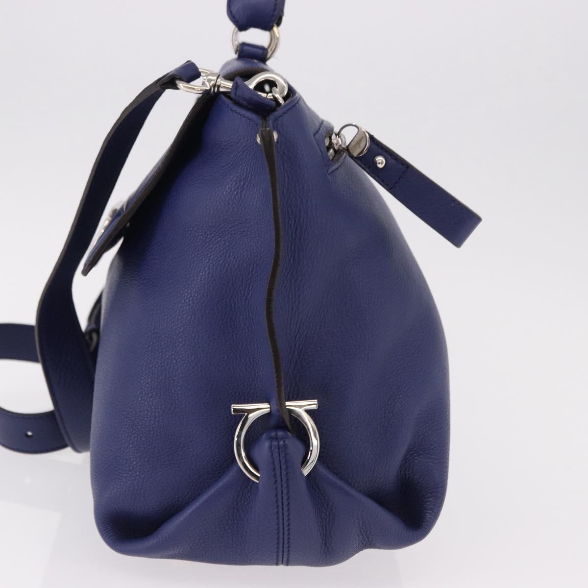 Salvatore Ferragamo Gancini Hand Bag Leather 2way Blue Silver Auth 192042A