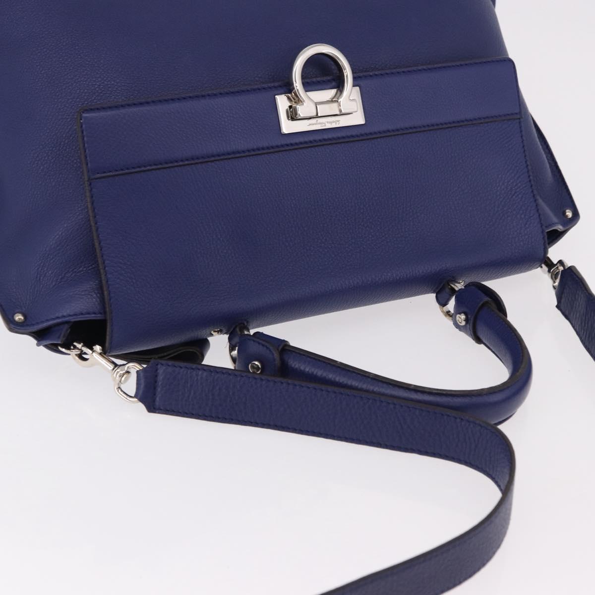 Salvatore Ferragamo Gancini Hand Bag Leather 2way Blue Silver Auth 192042A