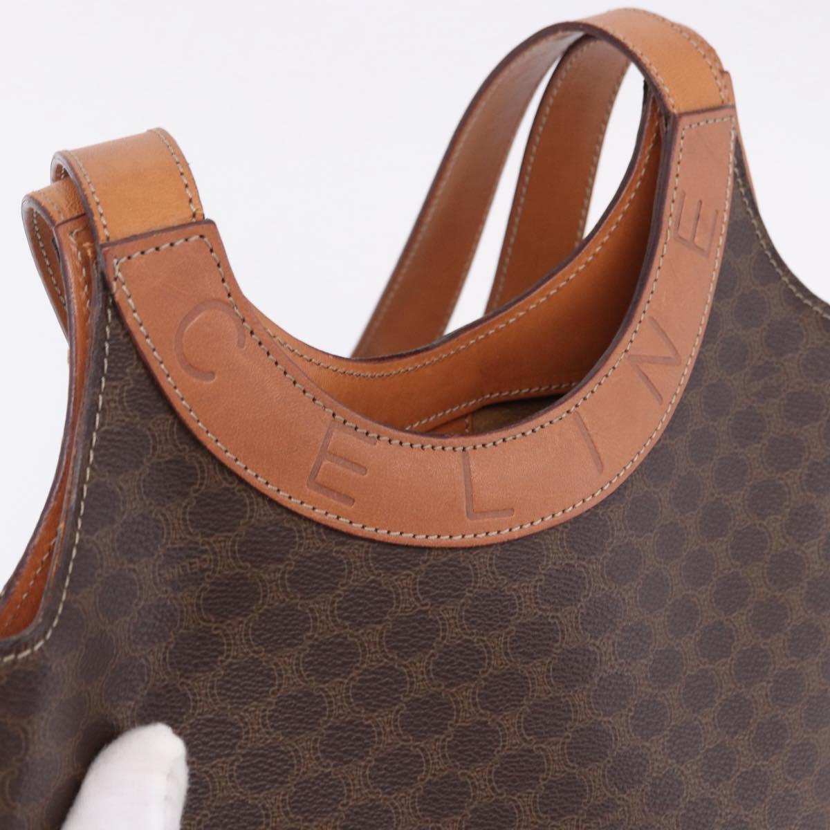 CELINE Macadam Canvas Circle Hand Bag PVC Leather Brown Gold Auth 192066