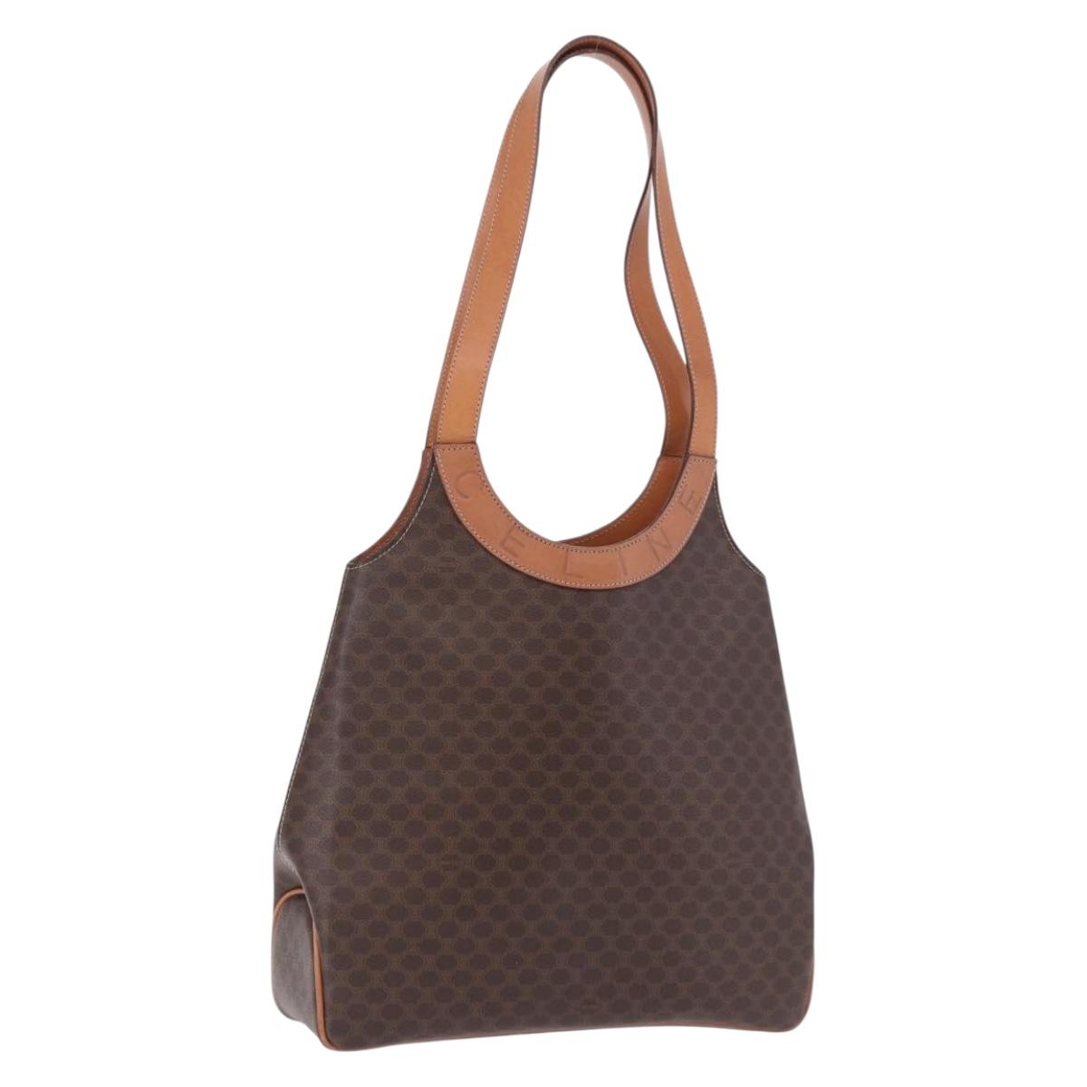 CELINE Macadam Canvas Circle Hand Bag PVC Leather Brown Gold Auth 192066
