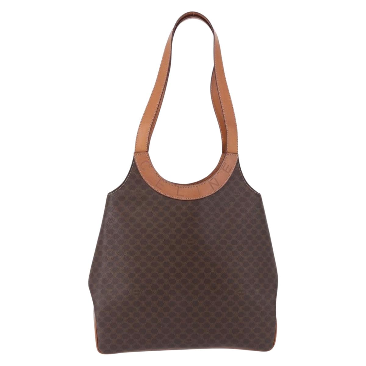 CELINE Macadam Canvas Circle Hand Bag PVC Leather Brown Gold Auth 192066