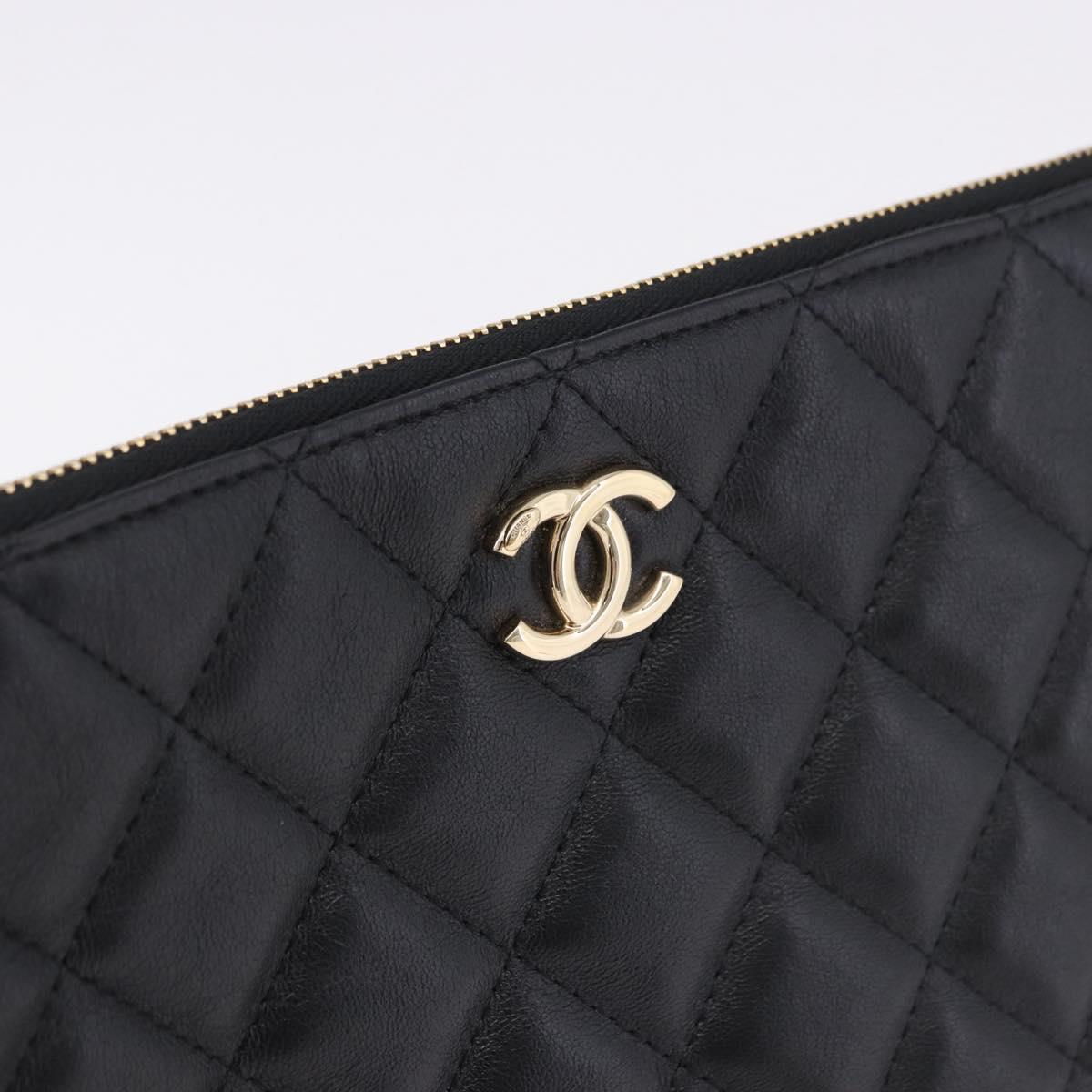 CHANEL Matelasse Clutch Bag Lamb Skin Black Gold CC Auth 192073SAM