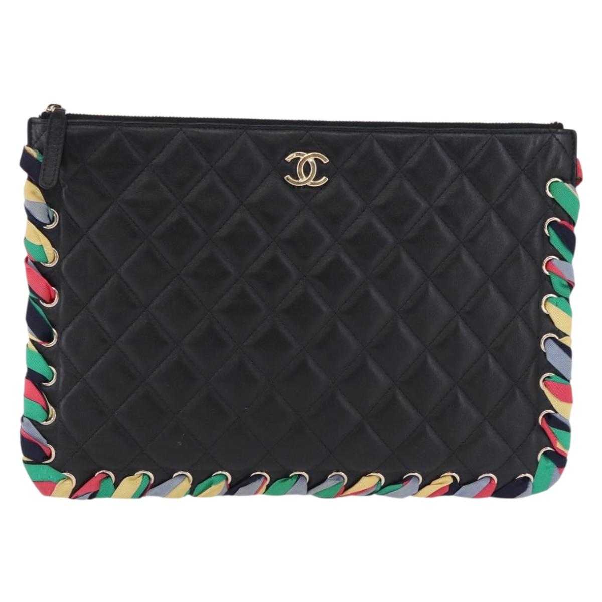 CHANEL Matelasse Clutch Bag Lamb Skin Black Gold CC Auth 192073SAM