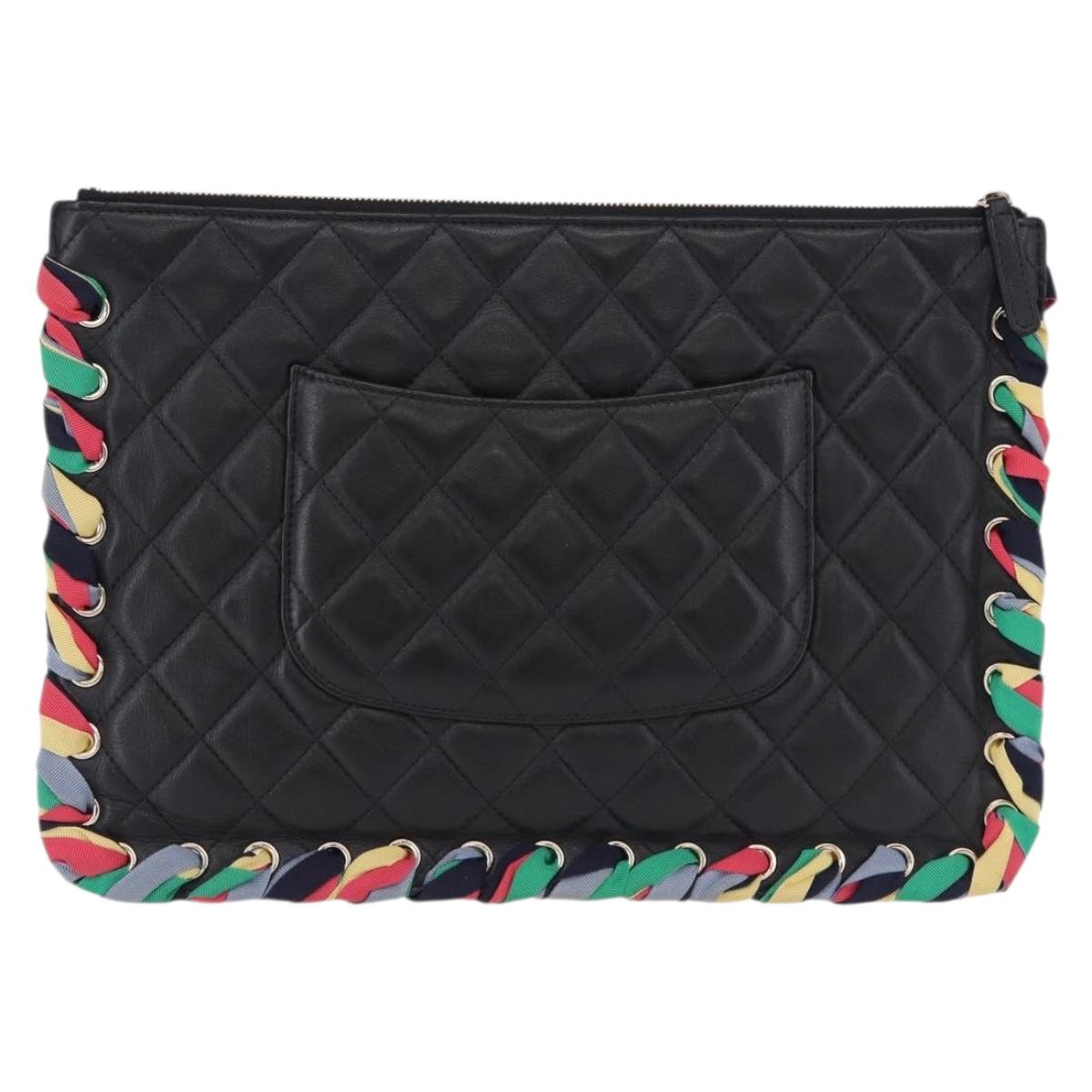 CHANEL Matelasse Clutch Bag Lamb Skin Black Gold CC Auth 192073SAM