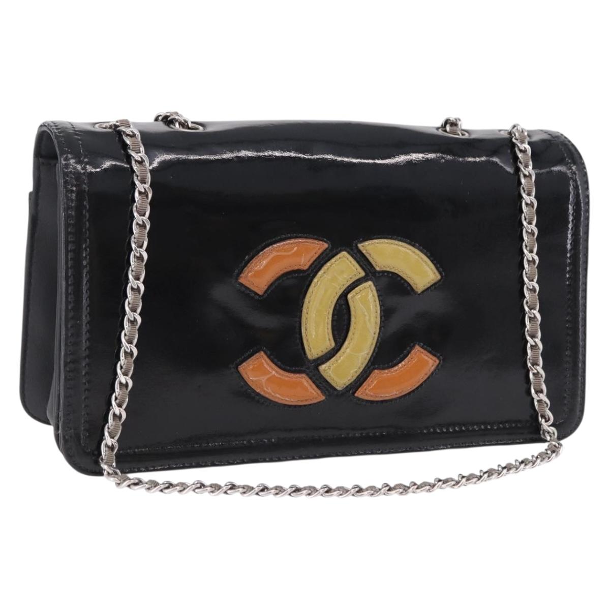 CHANEL Lipstick Chain Shoulder Bag Patent leather Black Silver CC Auth 192079V