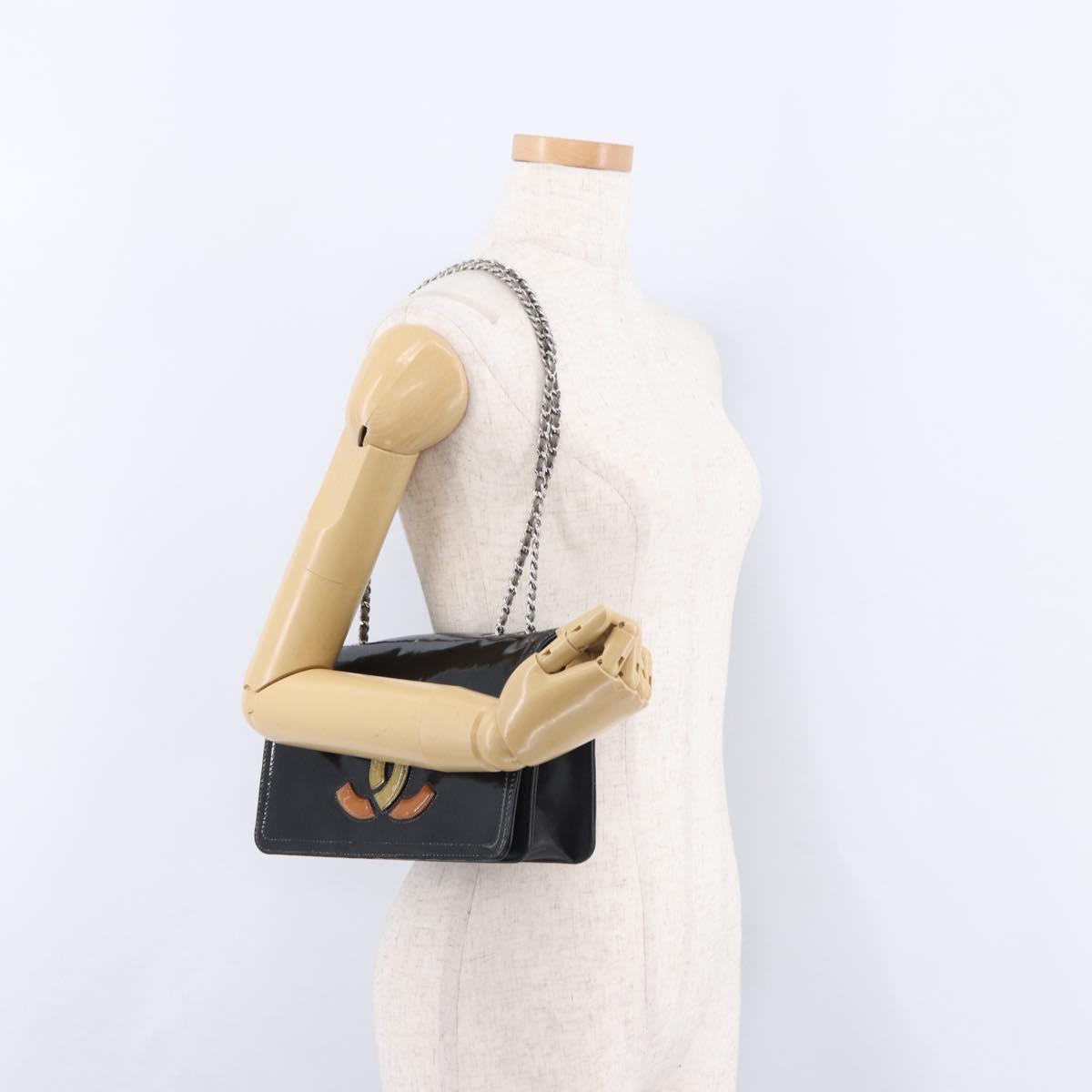 CHANEL Lipstick Chain Shoulder Bag Patent leather Black Silver CC Auth 192079V