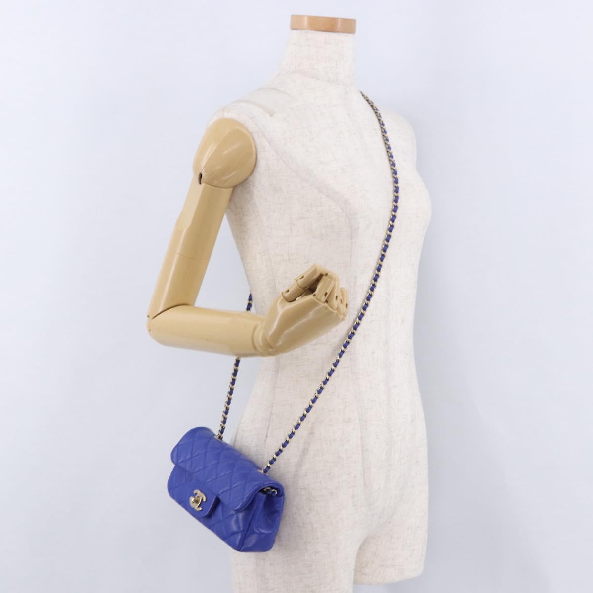 CHANEL Mini Matelasse 17 Chain Shoulder Bag Lamb Skin Blue Gold CC Auth 192080M