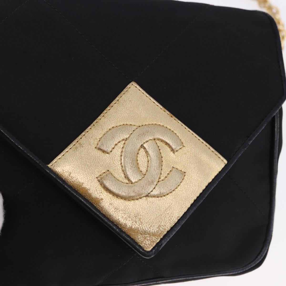 CHANEL Matelasse Chain Shoulder Bag Satin Black Gold CC Auth 192082V