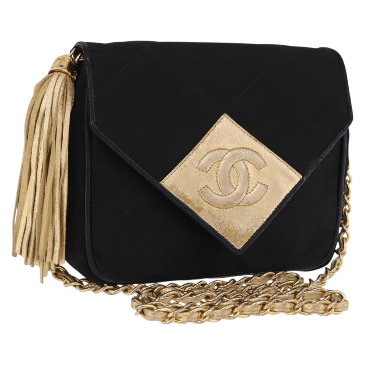 CHANEL Matelasse Chain Shoulder Bag Satin Black Gold CC Auth 192082V