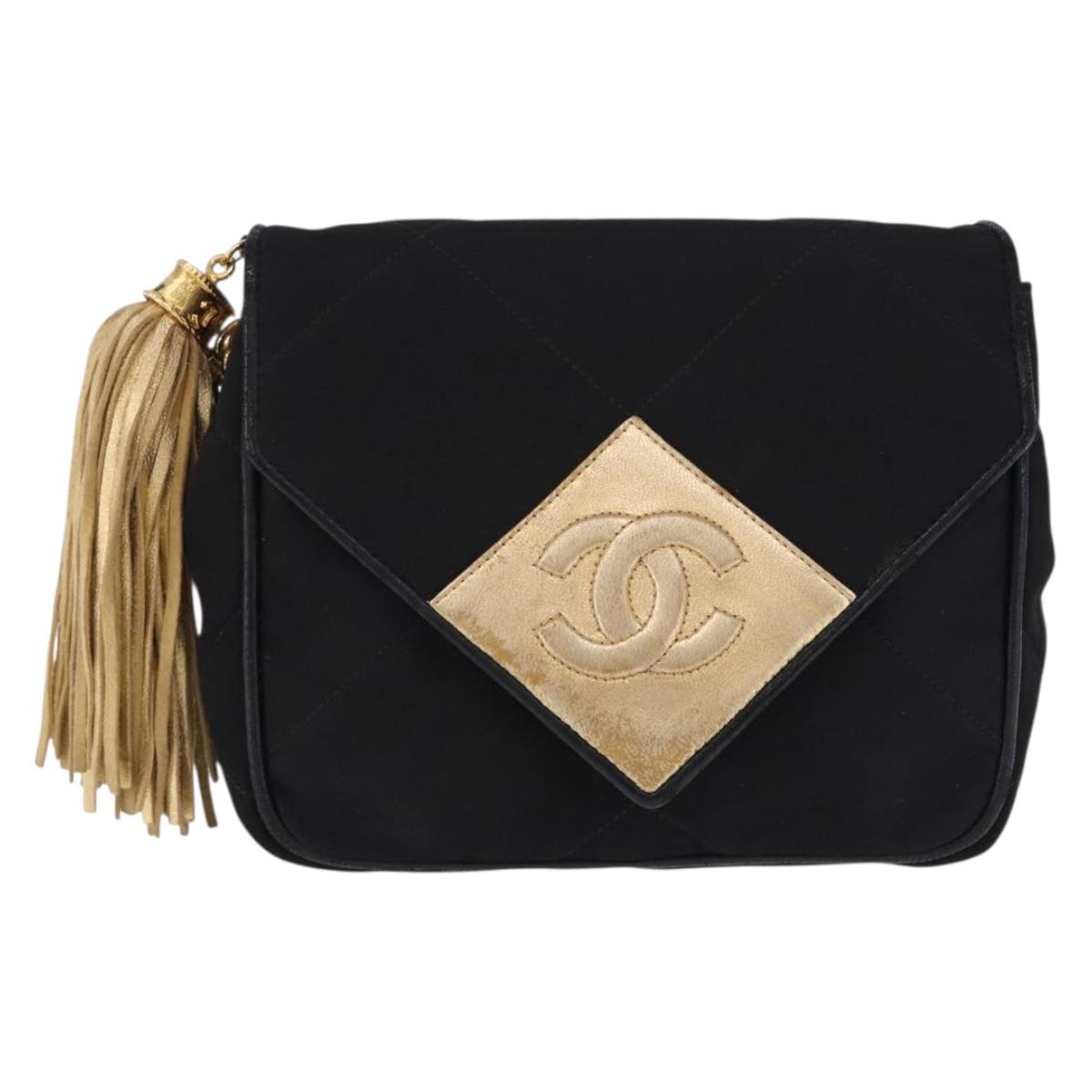 CHANEL Matelasse Chain Shoulder Bag Satin Black Gold CC Auth 192082V
