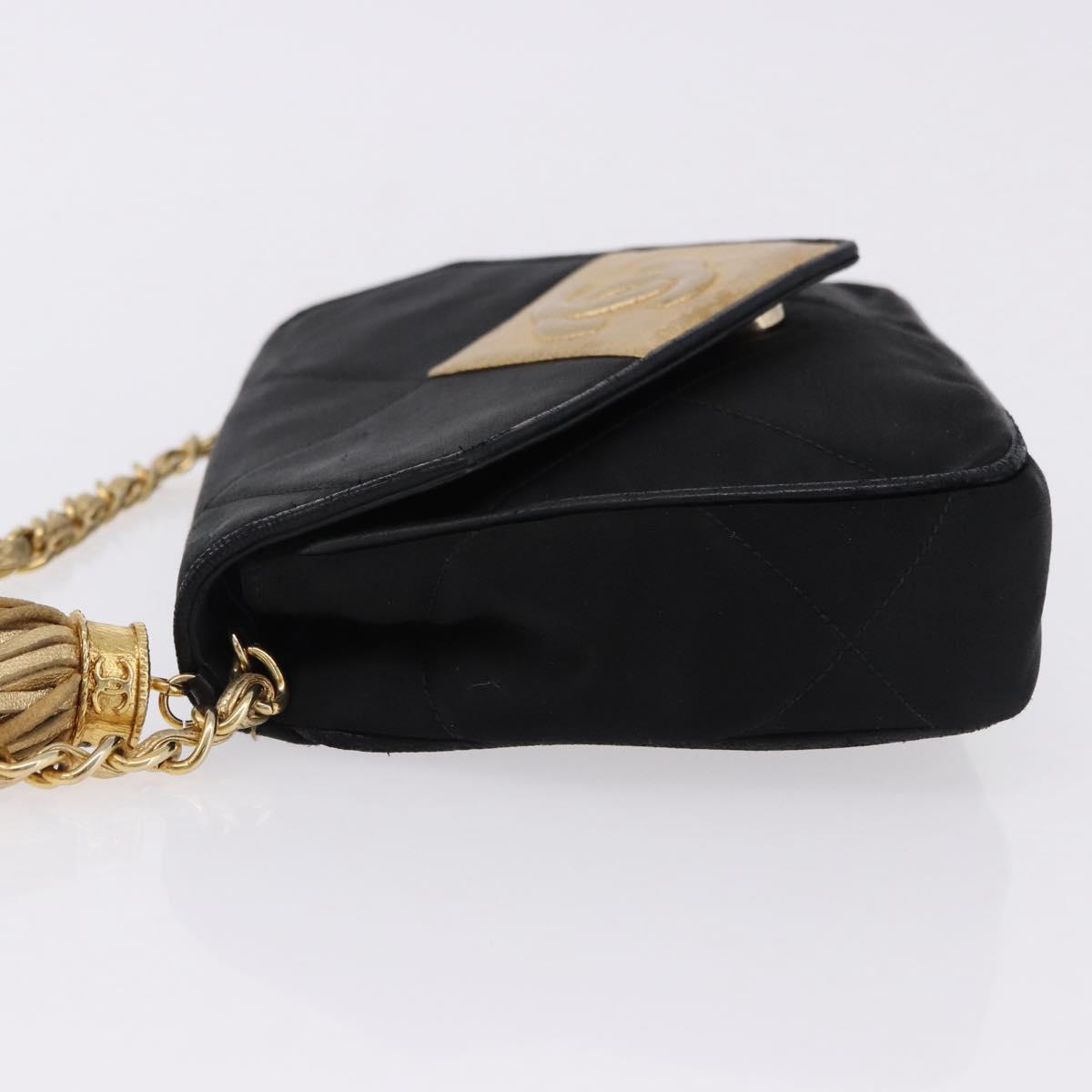 CHANEL Matelasse Chain Shoulder Bag Satin Black Gold CC Auth 192082V