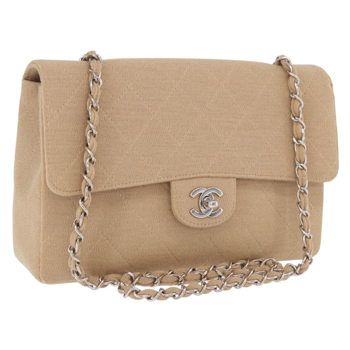 CHANEL Matelasse 25 Chain Shoulder Bag Cotton Beige Silver CC Auth 192083A