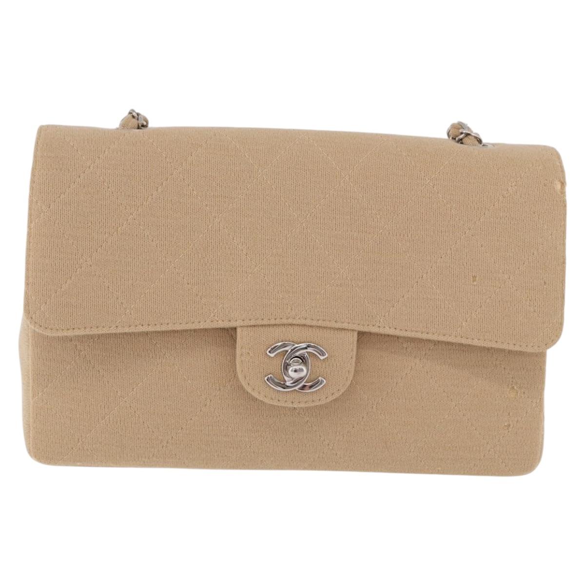 CHANEL Matelasse 25 Chain Shoulder Bag Cotton Beige Silver CC Auth 192083A