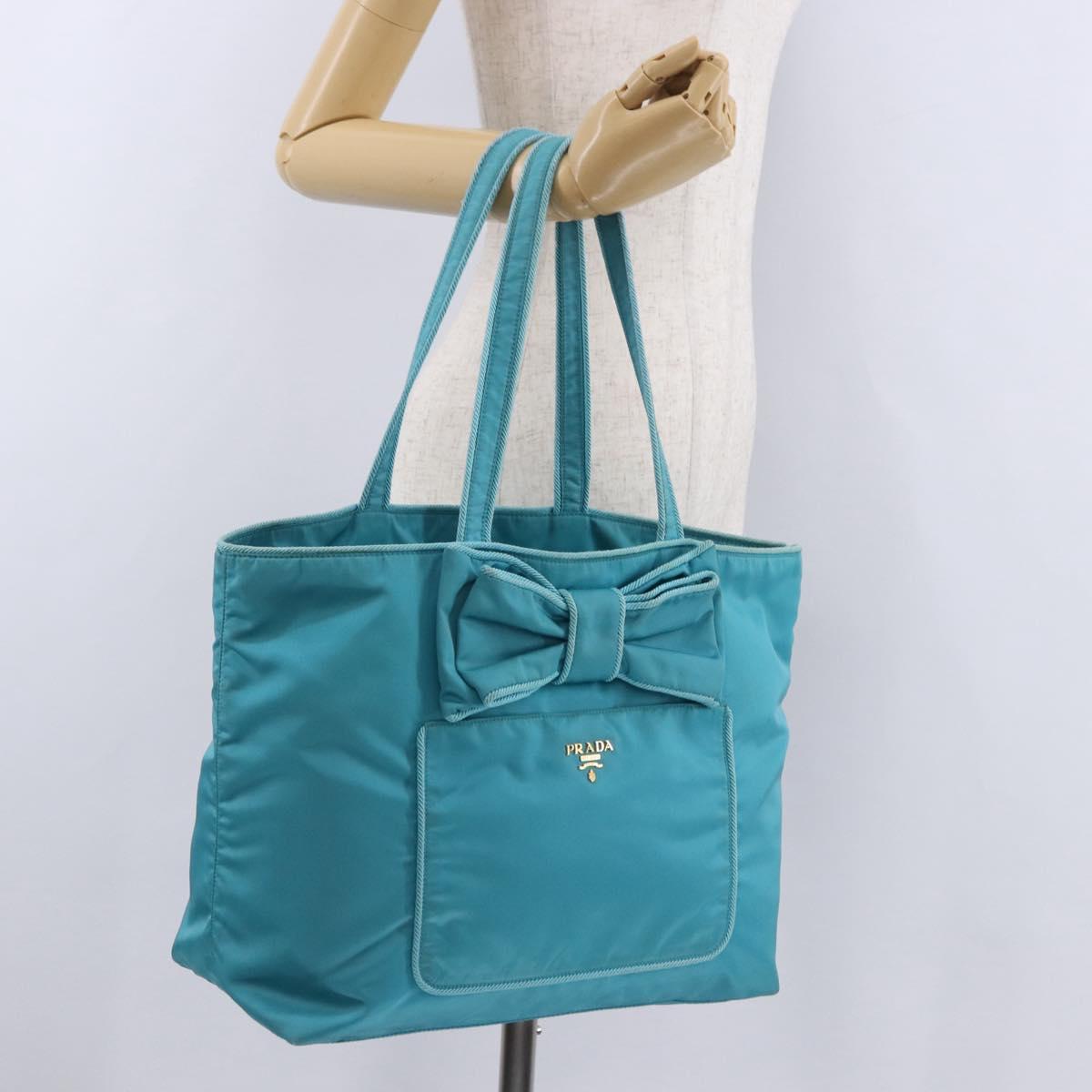 PRADA Tote Bag Nylon Turquoise Blue Gold Auth 192104A