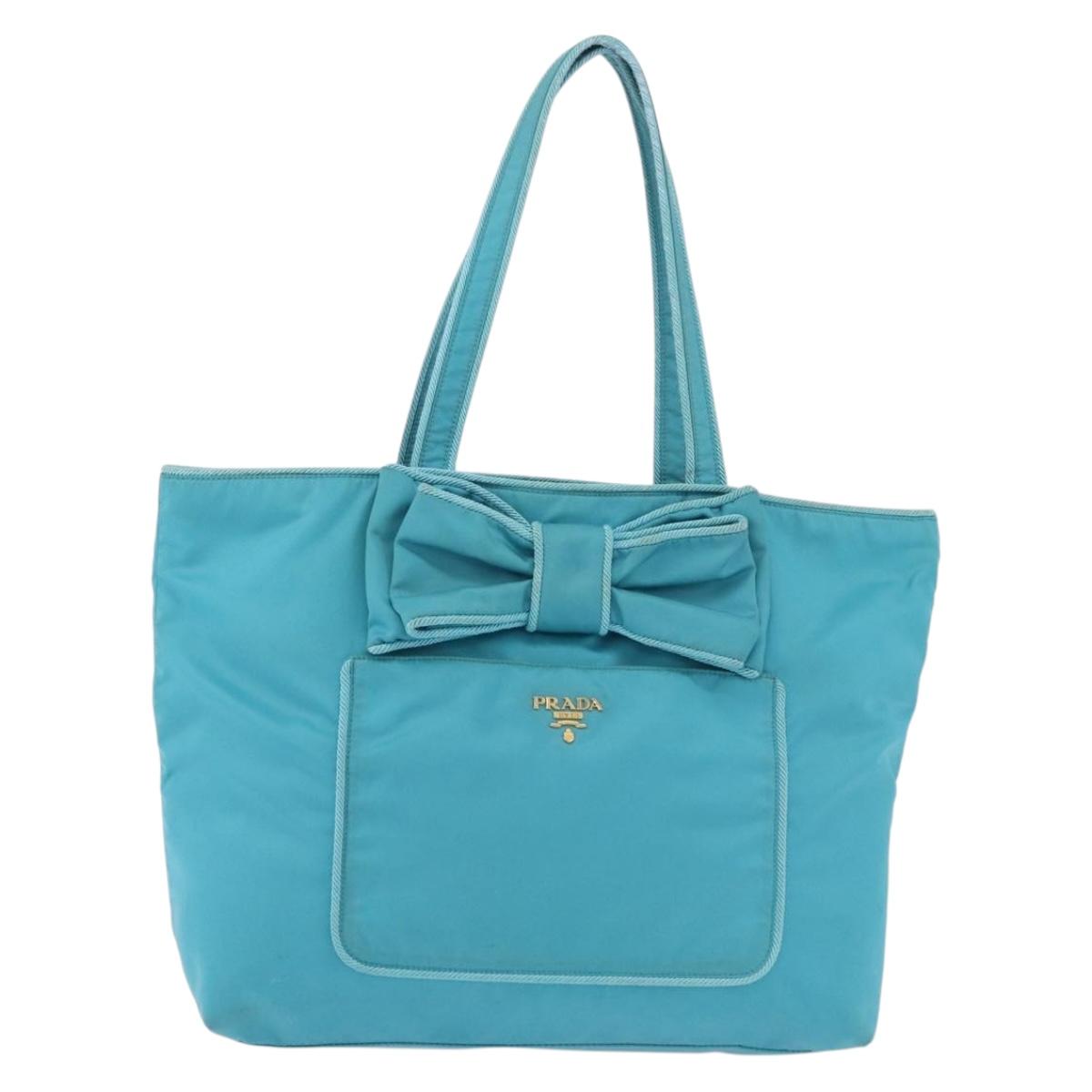 PRADA Tote Bag Nylon Turquoise Blue Gold Auth 192104A