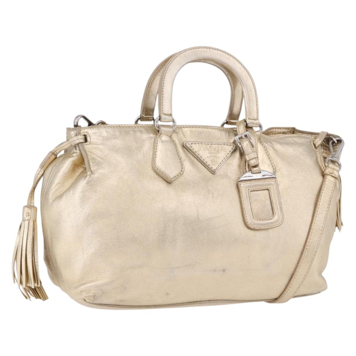 PRADA Hand Bag Leather 2way Silver Gold Auth 192120A