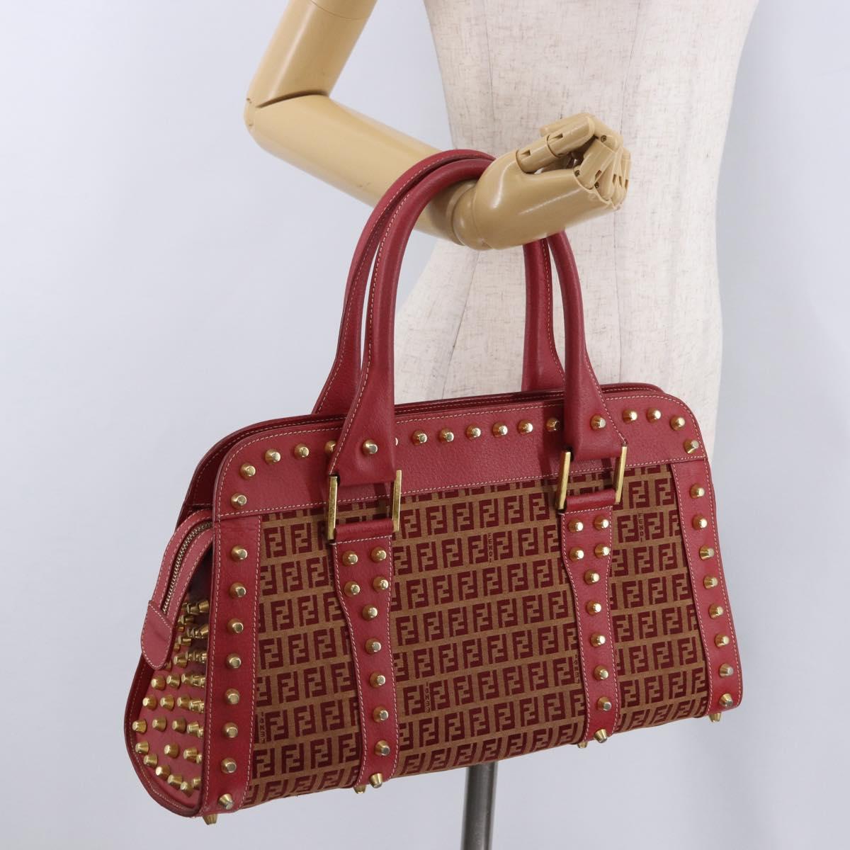 FENDI Zucchino Canvas Hand Bag Red Gold Auth 192125A