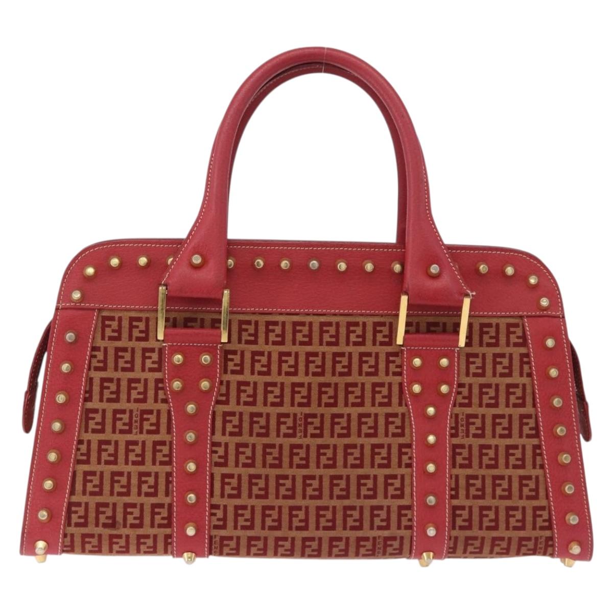 FENDI Zucchino Canvas Hand Bag Red Gold Auth 192125A