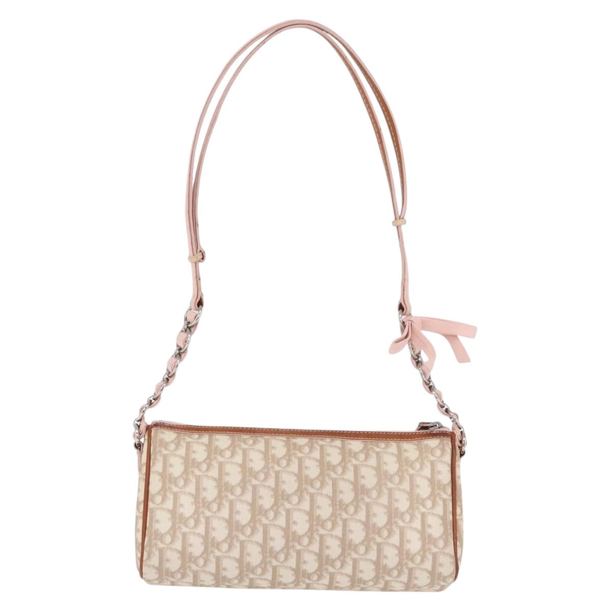 Christian Dior Trotter Canvas Chain Romantic Bag PVC Beige Silver Auth 192126V