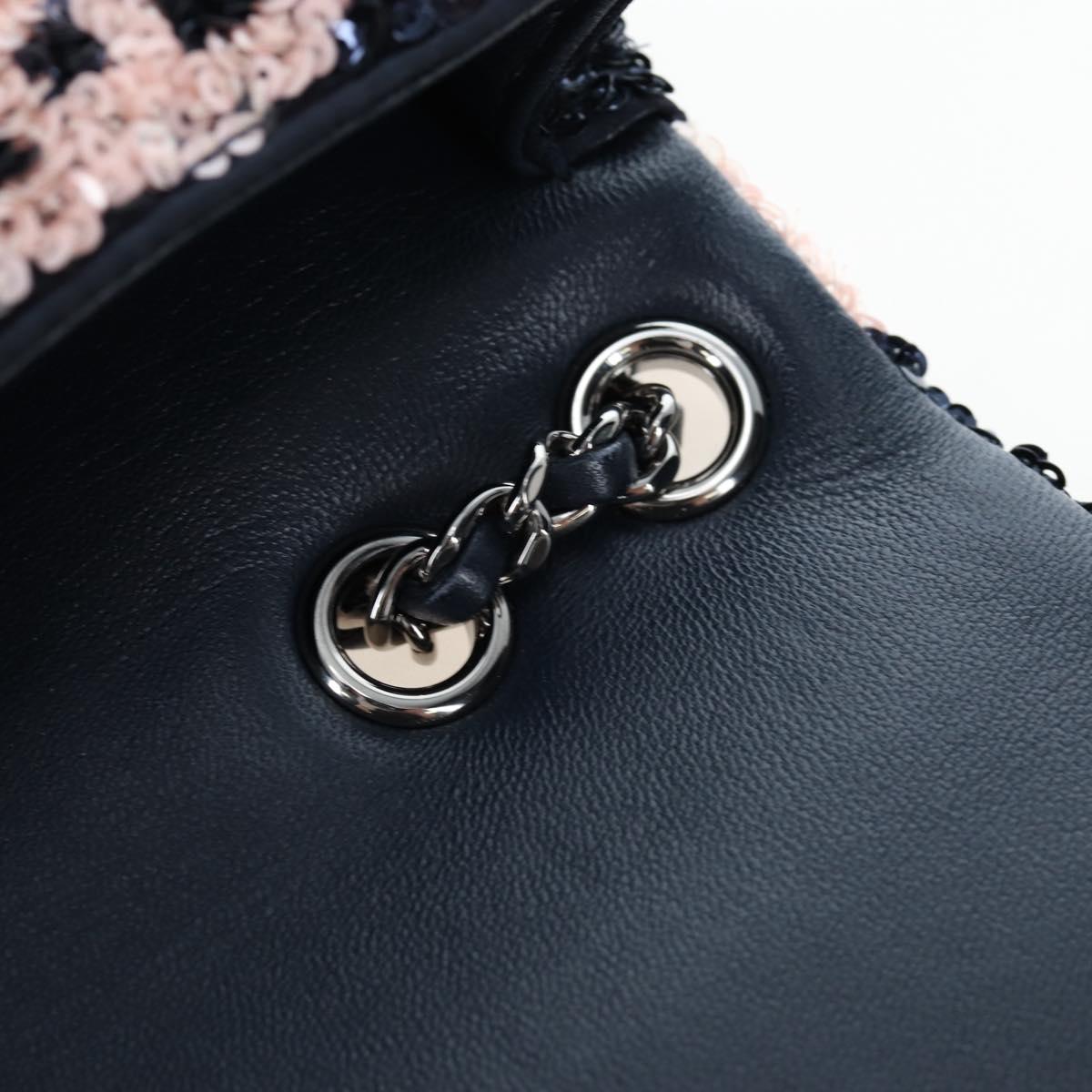 CHANEL Chain Shoulder Bag Leather sequins Navy Silver CC Auth 192127SM