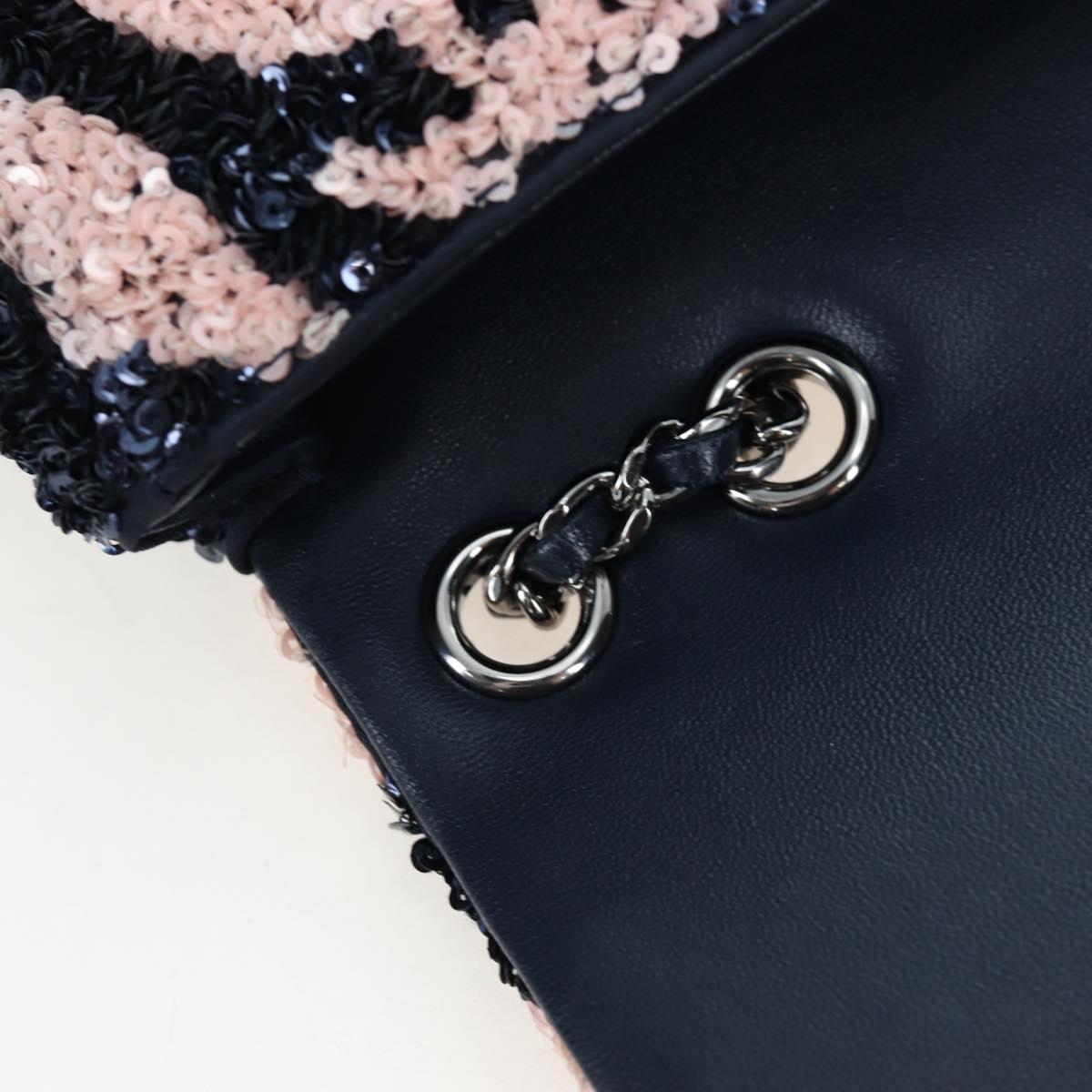 CHANEL Chain Shoulder Bag Leather sequins Navy Silver CC Auth 192127SM