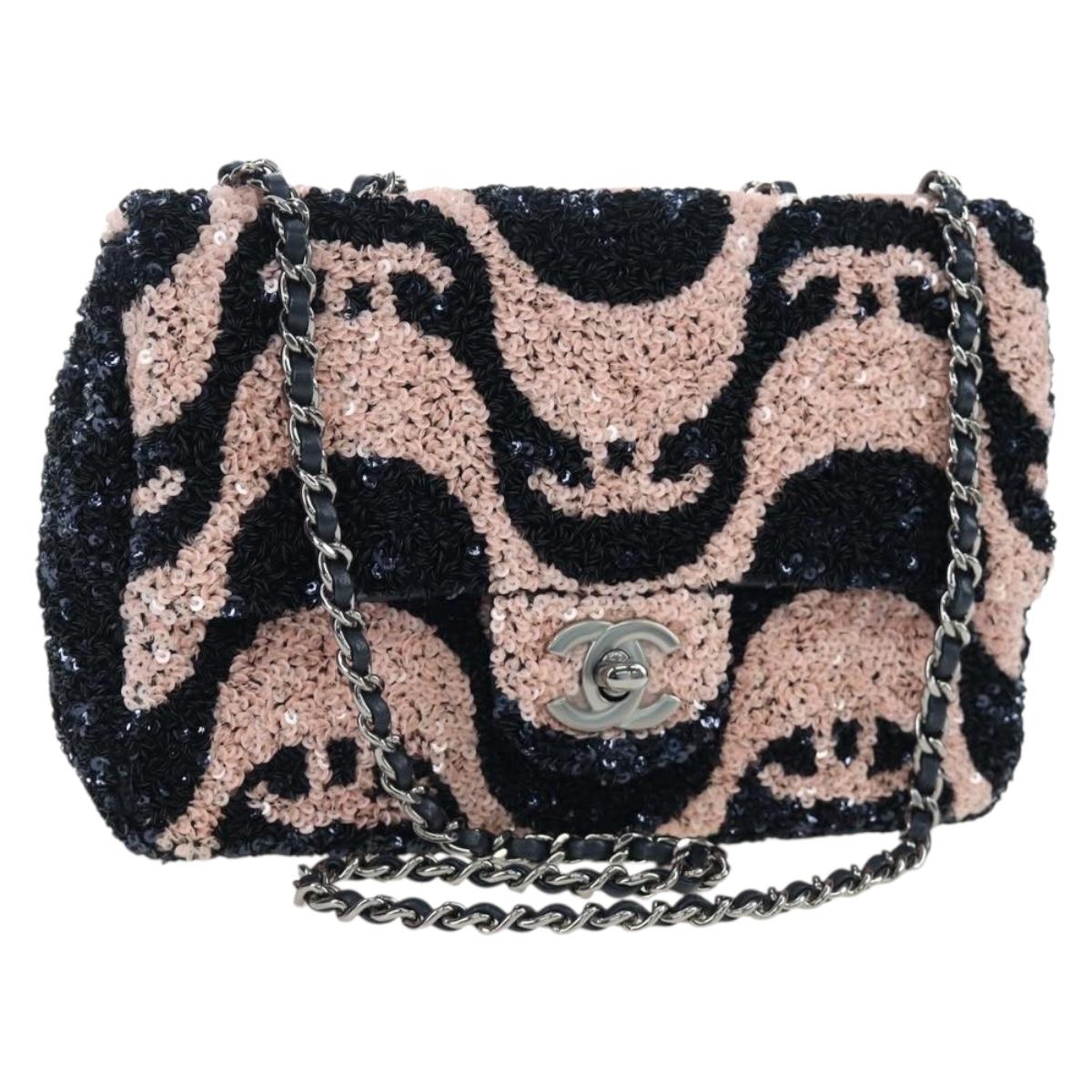 CHANEL Chain Shoulder Bag Leather sequins Navy Silver CC Auth 192127SM