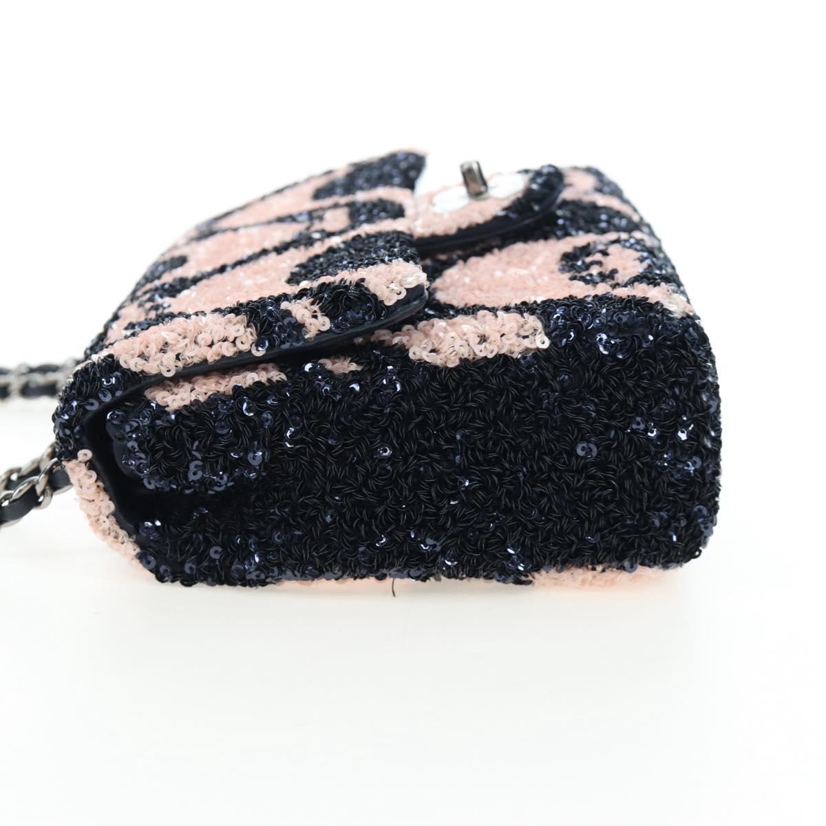 CHANEL Chain Shoulder Bag Leather sequins Navy Silver CC Auth 192127SM